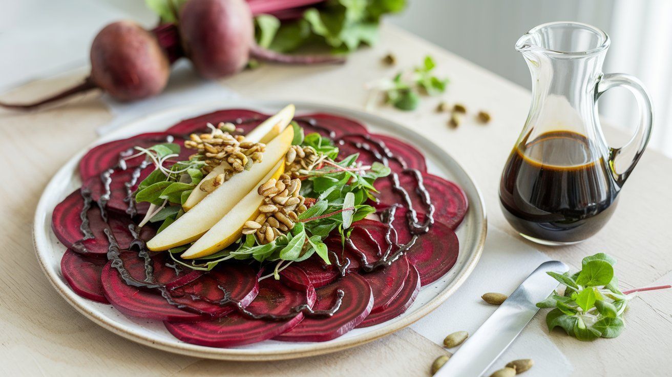Bild Carpaccio von Roter Bete mit Feldsalat, Birnen und Kürbiskernkrokant