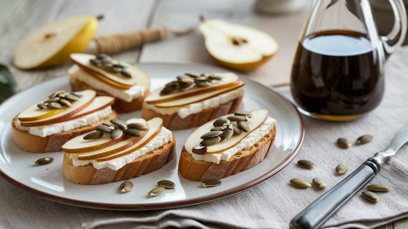 Bild Stilton-Birnen-Crostini beträufelt mit Kürbiskernen